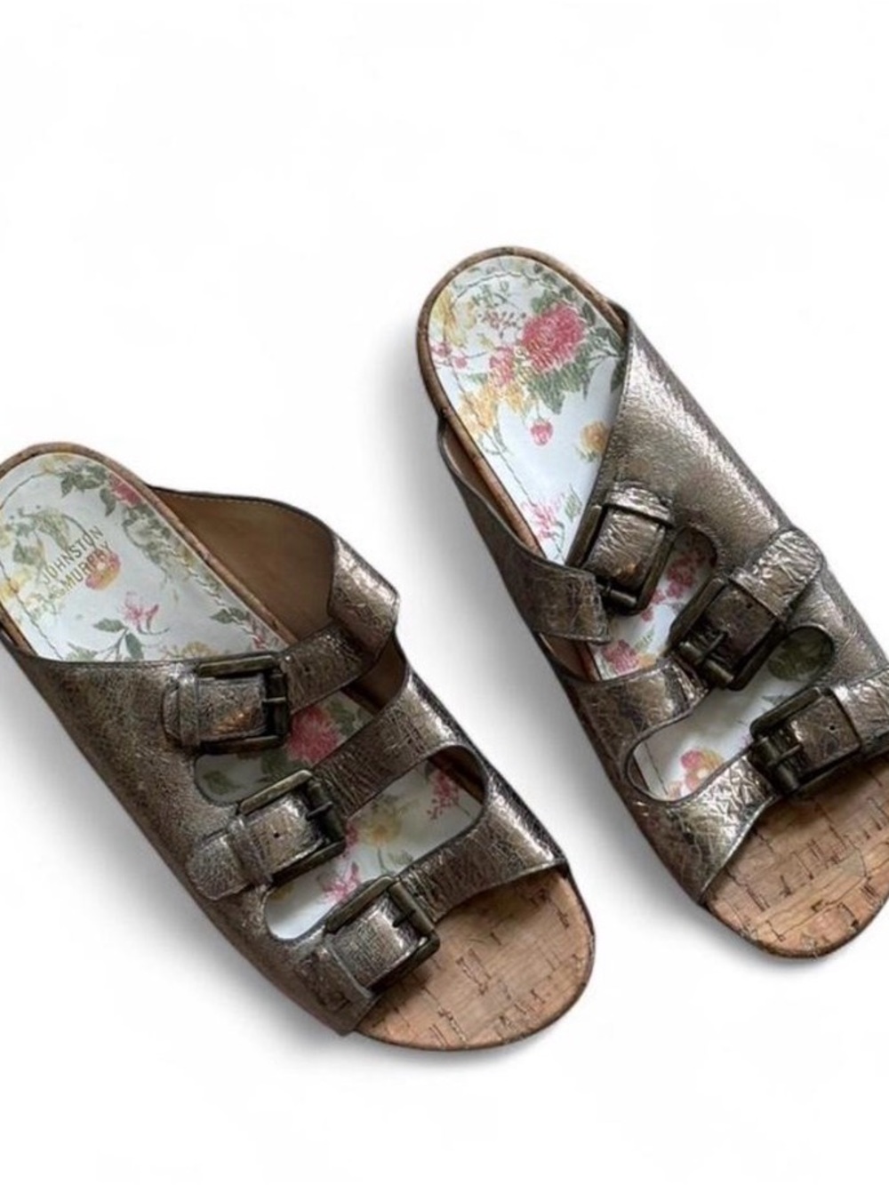 Johnston & Murphy Metallic Bronze Three-Buckle Slide Sandals with Floral Insole